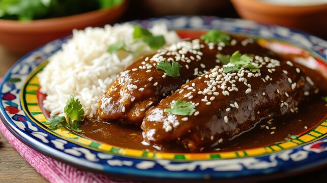 Delicious mexican mole poblano chicken served with white rice on a colorful plate garnished with sesame seeds and cilantro on a wooden table