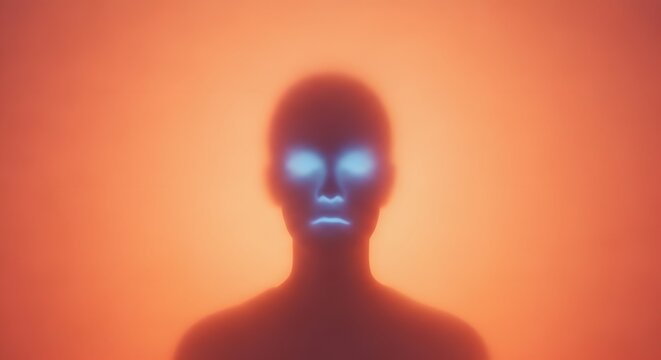 Blurred human figure with glowing blue eyes. Identity and artificial intelligence. Silhouette of a person emitting light from eyes against a warm orange hazy background