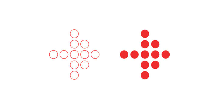 Two vector icons of an arrow formed by small circles pointing to the right, one outlined and one filled in solid red, representing direction.