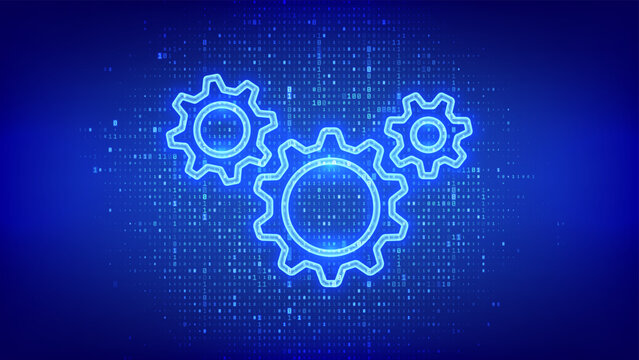 Gears icon made of binary code. RPA. Robotic Process Automation software. Smart industry. IOT and Automation concept. Innovation, improving productivity in technology. Digital code background. Vector.