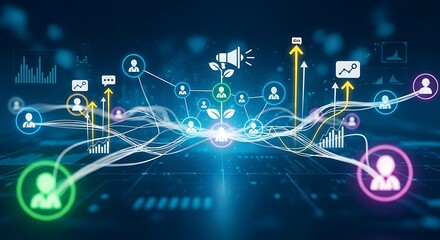 Fototapeta premium Glowing Digital Network Icons Connected Across Futuristic Data Interface