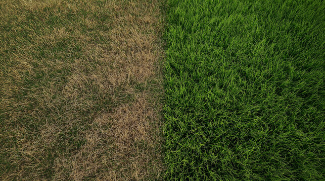 A split aerial view comparing a patch of dead, brown grass with a vibrant, healthy green lawn, illustrating the difference after care or treatment.