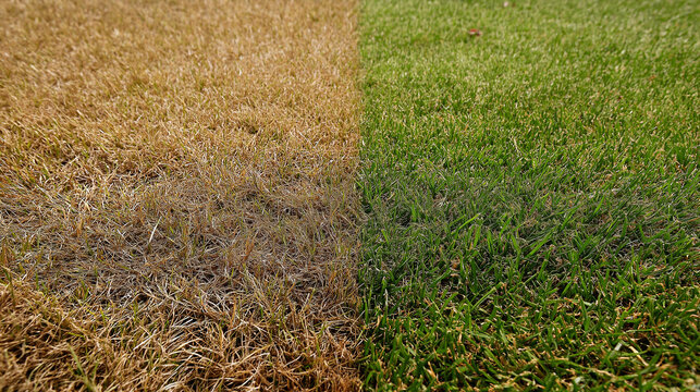 An aerial perspective split image showcasing the stark difference between a patch of dying brown grass and a flourishing green lawn.