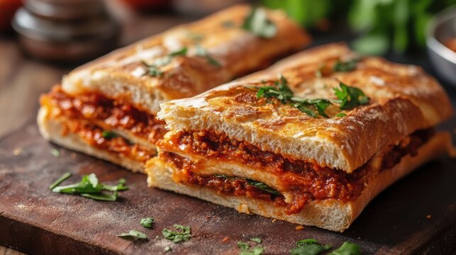 Delicious mexican pambazo sandwich cut open with red sauce and fresh herbs on a wooden board