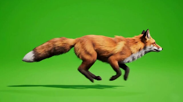 Red Fox Running at Full Speed Isolated on Green Screen Background for Compositing and VFX