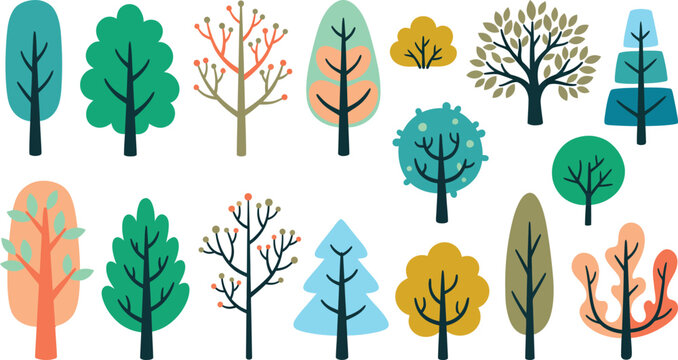 Collection of colorful trees in various seasons and styles on white background