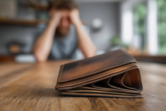 A man with his head in his hands sits in despair at a table with an empty wallet in the foreground.
