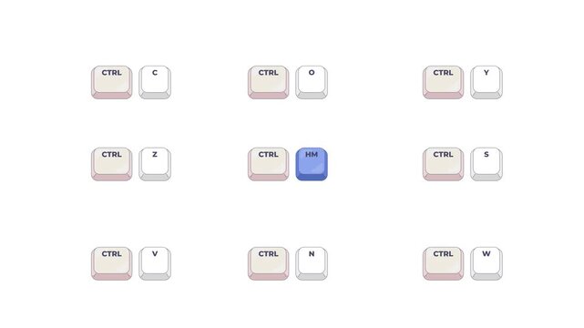 Ctrl combinations keyboard shortcut keys set animation. Various software application quick usability. Animated hotkey combo buttons click for pc, laptop. 4K video. Computer press action collection