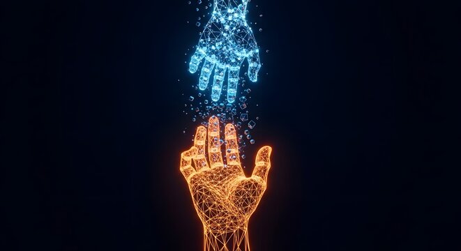 Two hands reaching out made of digital particles. Connection and human technology interaction. Glowing wireframe hands touching with floating geometric cubes on black background