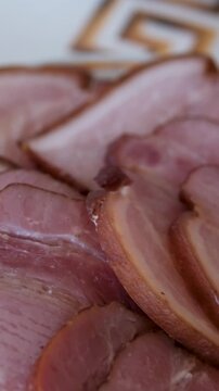 close up of raw pork meat. Sliced smoked meat