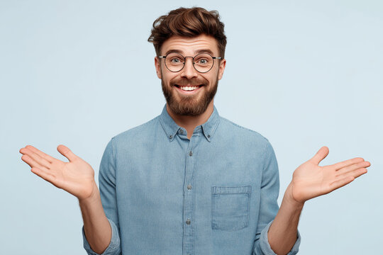 A smiling man with glasses and a beard shrugs his shoulders with open palms, expressing uncertainty or a casual 'I don't know' gesture.
