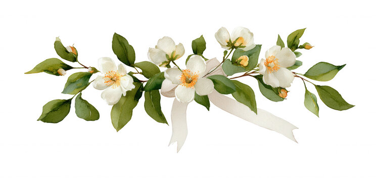 Watercolor floral arrangement with white jasmine flowers and verdant leaves, creating an elegant wedding design