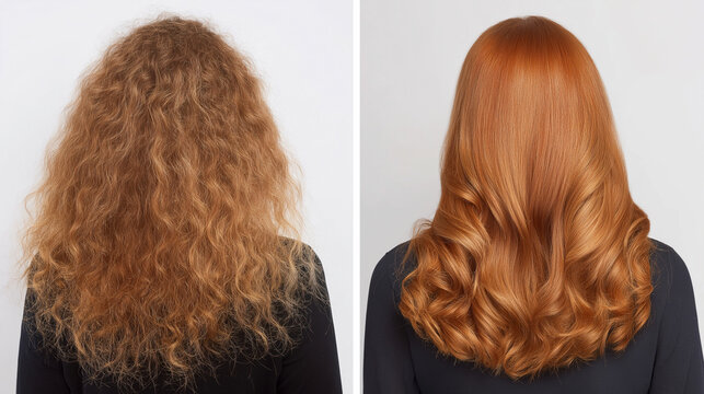 A side-by-side comparison reveals a dramatic transformation of frizzy, unmanageable hair into smooth, styled, and shiny locks.