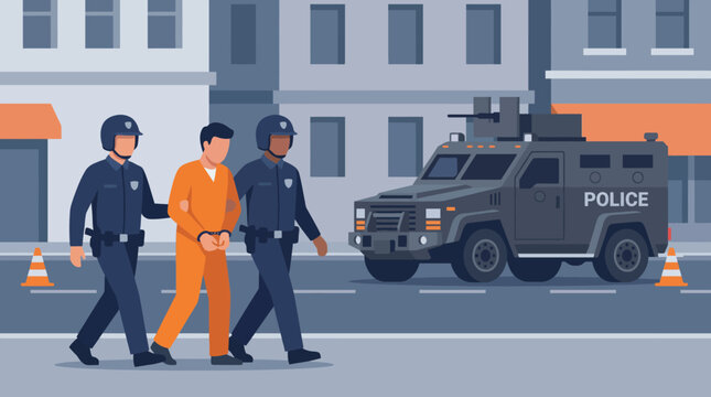 Police officers escorting a prisoner down a city street with a armored vehicle.