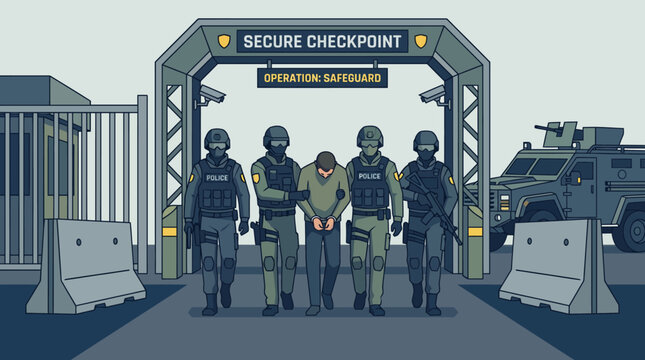 Illustration of security personnel at checkpoint with armored vehicle.