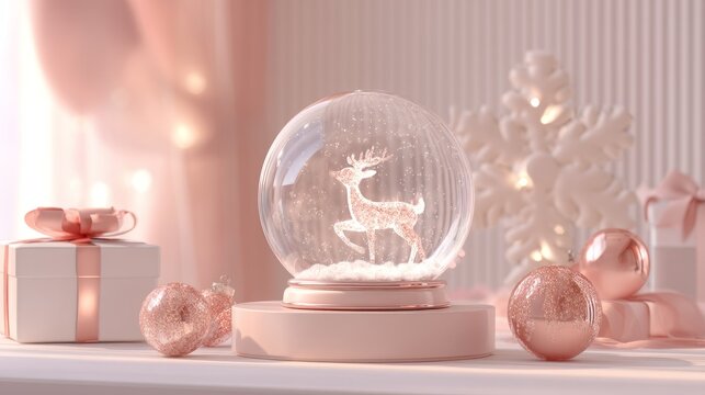 Elegant white and pink holiday decoration scene with snow globe and gifts