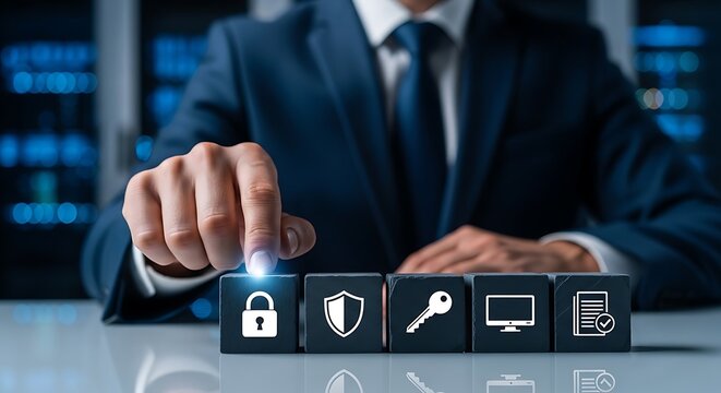 Corporate IT manager touches a glowing padlock block among cybersecurity icons symbolizing data protection and digital network privacy strategy