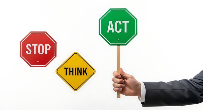 Professional hand holds a green act sign surrounded by stop and think symbols symbolizing business motivation and proactive decision making