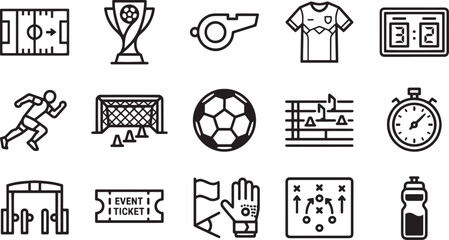 Large Set of 15 Bold Line Icons for Soccer Football Training, Sports Match Statistics, and Tournament Equipment Isolated on White Background. © Balal