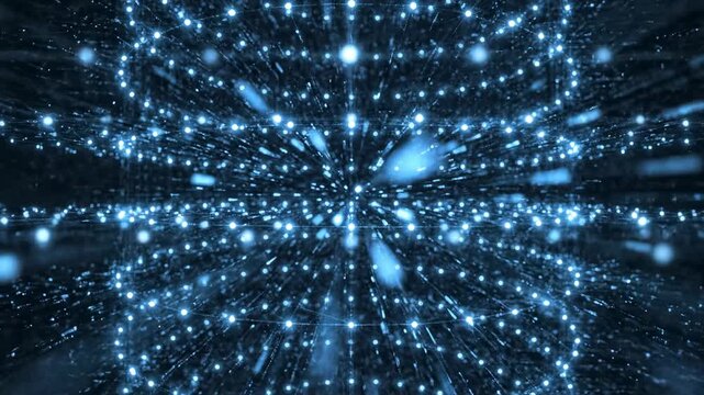 Abstract digital glow of countless shimmering blue particles forming a futuristic energetic network through a deep spatial dimension, representing data flow and artificial intelligence concepts