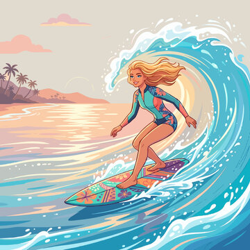 Surfer girl at sunrise on Hawaii beach vector for t-shirt and posters. Minimalist flat vector illustration of a young woman surfing during a tropical sunrise. Perfect for Hawaii travel brochures....