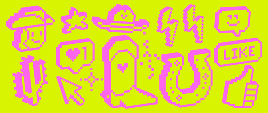 Y2K pixel social sticker pack in retro 8-bit style. Cowboy icons, notifications, cursor, chat bubbles, lightning, internet interaction elements on acid green background. Trendy digital aesthetic