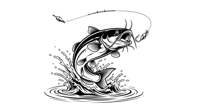 Jumping Catfish Fishing Lure Splash Black and White Vector