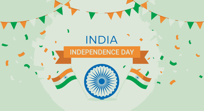 Independence Day Happy Independence Day India greeting card design with bunting flags and tricolor confetti on light green background India