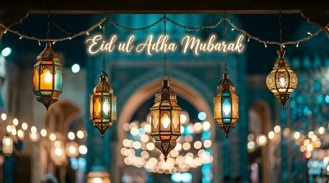 Eid ul adha mubarak wishes beautiful lanterns and lights decorations for islamic celebrations