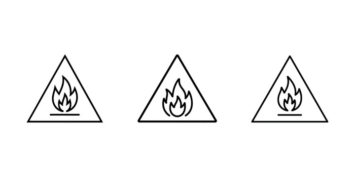 Flammable warning sign icons with fire flame symbol inside triangle for industrial safety hazard identification and fire prevention material labeling.