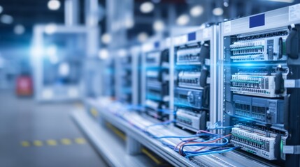 Fototapeta premium Network server rack with fiber optic and Ethernet network cable connections