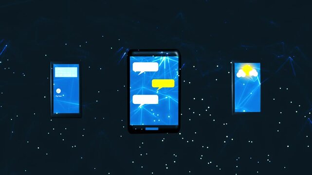 Mobile phones display apps on plexus background