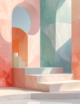 A pastel-colored abstract scene with geometric shapes and steps