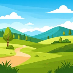 Obraz premium A serene cartoon landscape with rolling hills and a winding path (1)