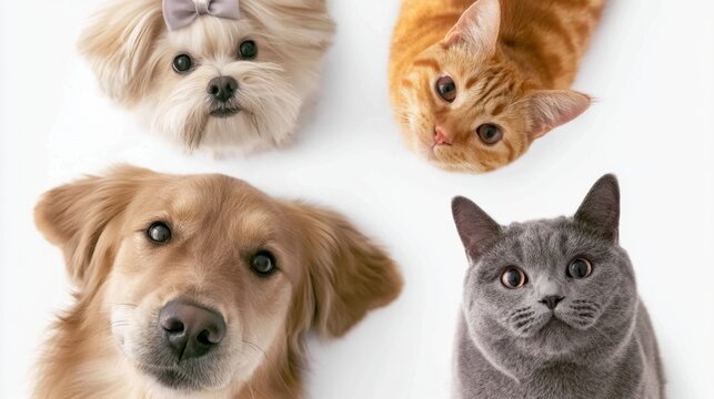 Cute dog and cat faces looking up at camera with curious expressions isolated on white background, close-up portrait of four different pet animals in studio