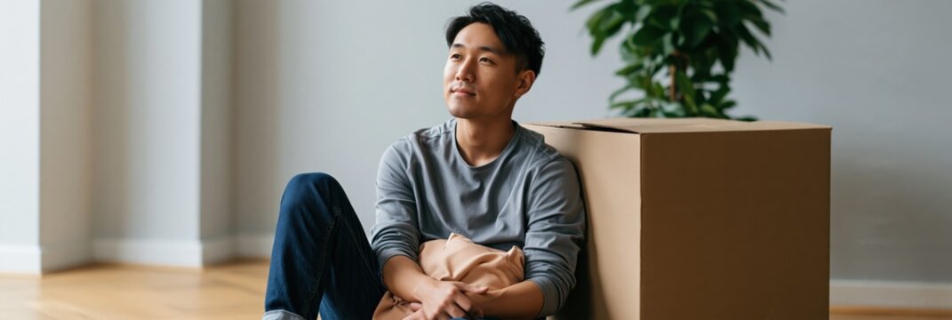 Young man sitting with moving box in empty apartment