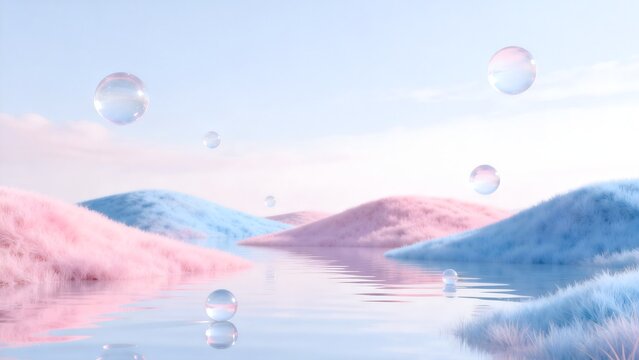 Colorful fluffy hills with floating spheres