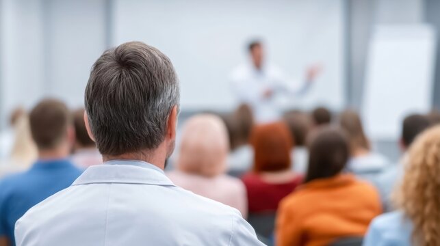 Rear view of adult man attending a presentation in a classroom or seminar setting with blurred speaker and audience in focus