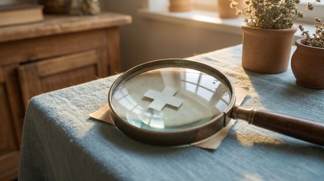 Magnifying glass reveals a subtle white plus sign symbol on a textured surface, hinting at discovery and precision