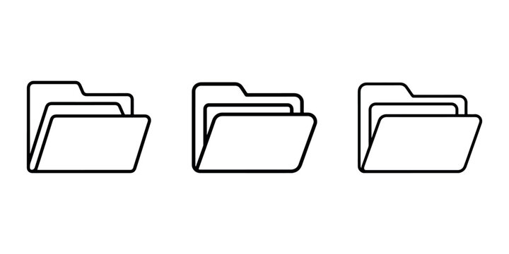 Set of three folder icons with tabs and pages outline symbol for document storage organization and archive in file cabinet on white background vector.