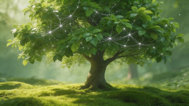 Mystical tree with glowing web in forest