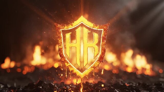 A blazing golden emblem featuring the letters HR, encircled by an intense fiery aura and set against a dramatic, smoldering volcanic landscape with glowing embers and smoke effects, evoking