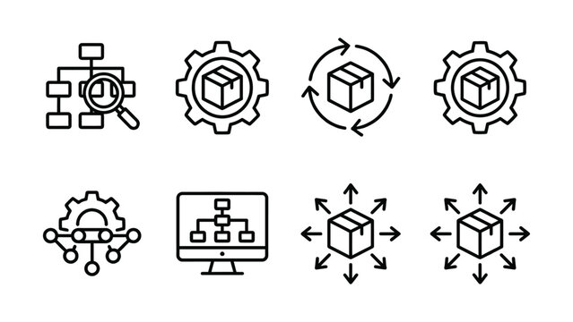 Icons representing workflow data management distribution systems with magnifying glass line art workflow management