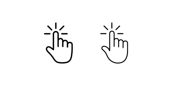 Two clicking hand icons showing finger pointing and activated state with radiating lines simple vector illustration.