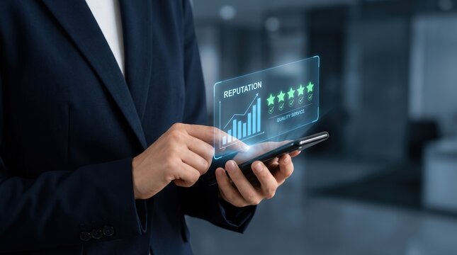 Corporate Reputation and Brand Image Management Concept: Businesswoman with Smartphone, Holographic Rising Bar Graph and 5-Star Ratings in Dark Office