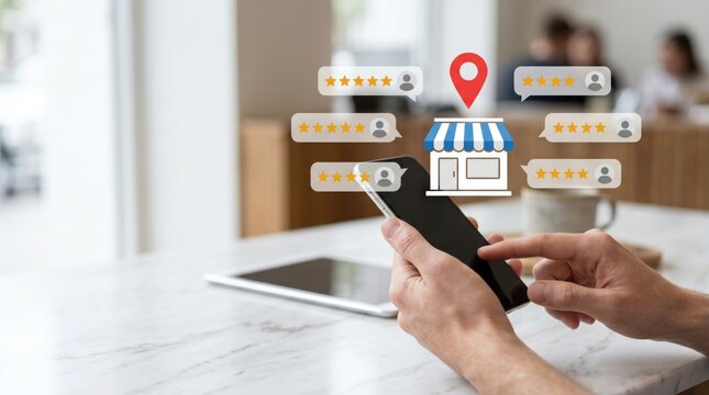 Person using smartphone to check local business reviews with star ratings, location pin and storefront icon floating above device, depicting customer feedback, online reputation
