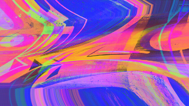Abstract digital glitch texture with neon scanline distortion and pixel sorting artifacts. Signal corruption background with chromatic aberration for rave poster and electronic music event design.