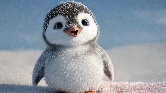 Happy baby penguin standing on snowy ground and chirping joyfully in this cinematic 4k slow motion animation video clip