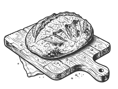 rustic artisan bread loaf resting on a wooden cutting board sketch engraving generative ai raster illustration. Scratch board imitation. Black and white image.