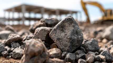 Fototapeta premium Close-up of rough rock stone on construction site ground with blurred heavy machinery and unfinished building structure in background focused on natural texture detail